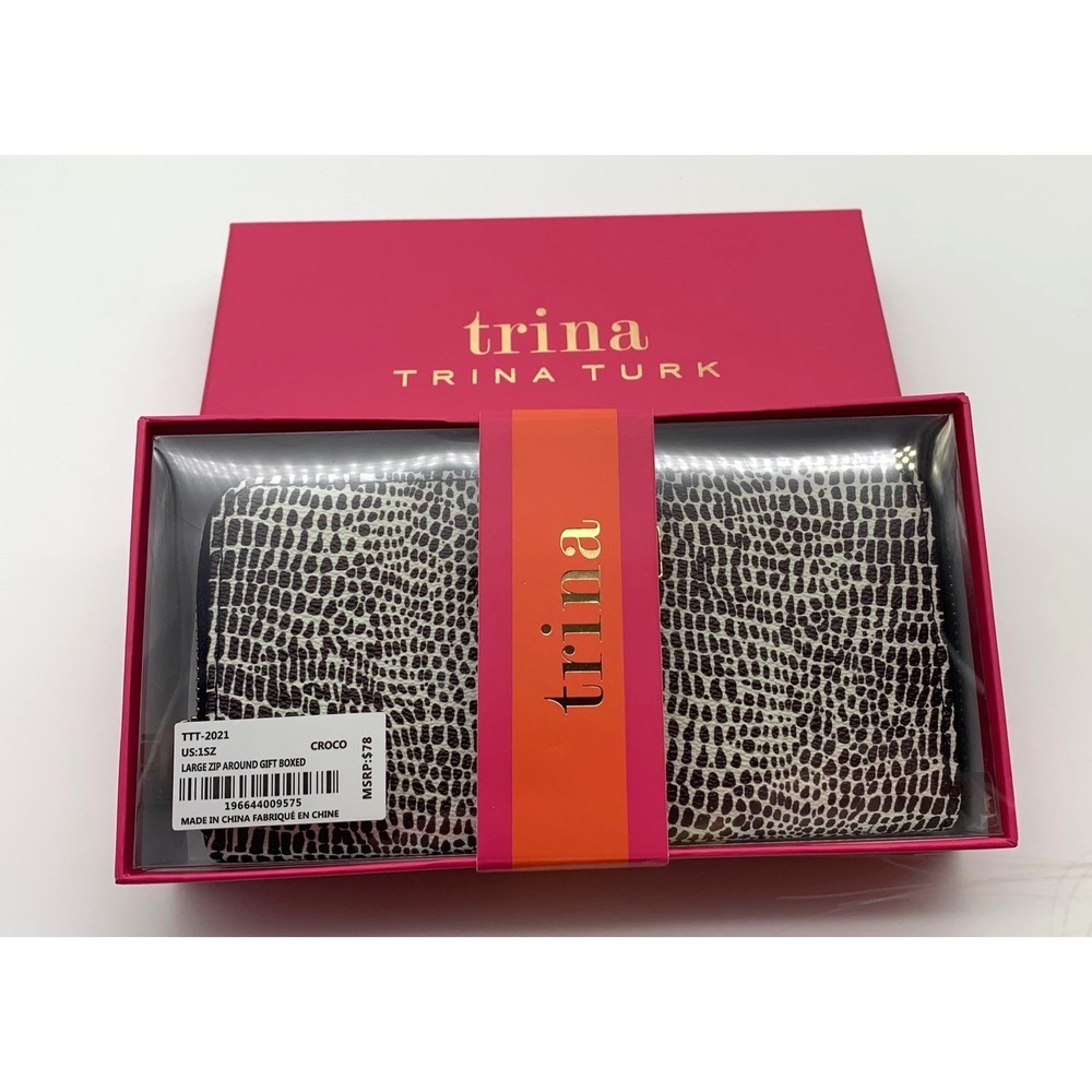 Trina Turk Wallet Womens Black White Croco Embossed Large Zip Around Gift Boxed